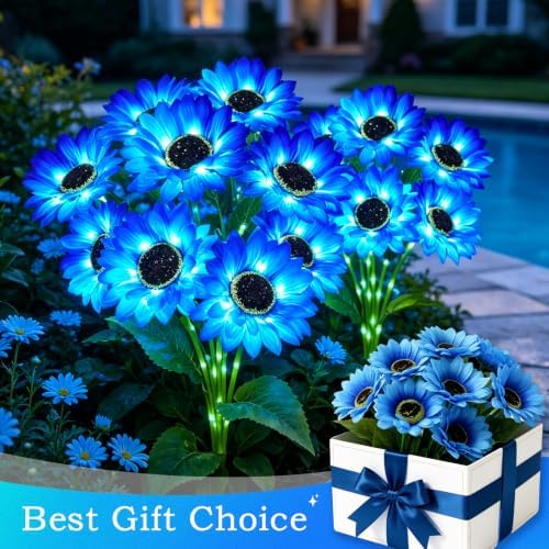 MRHEPHAESTUS Solar Garden Lights Outdoor, 4 Pack Solar Blue Sunflower Lights with 24 Head 3.5 Inch Flowers, Waterproof Flowers Light Fall Decor Auto ON/Off for Garden Yard Patio, Gifts for Mom Women - Image 7