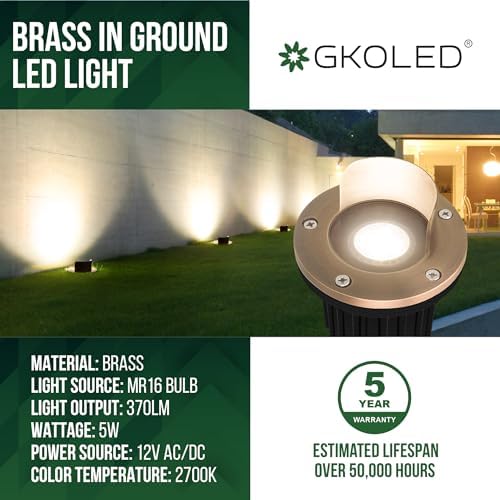 GKOLED LED Brass Well Lights, 12V IP67 Waterproof Outdoor In Ground Light with MR16 Bulb and Swival Base, Low Voltage Landscape Lighting, 5W 370LM 2700K, Up Light for Garden, Shielded Top, 12 Pack - Image 2