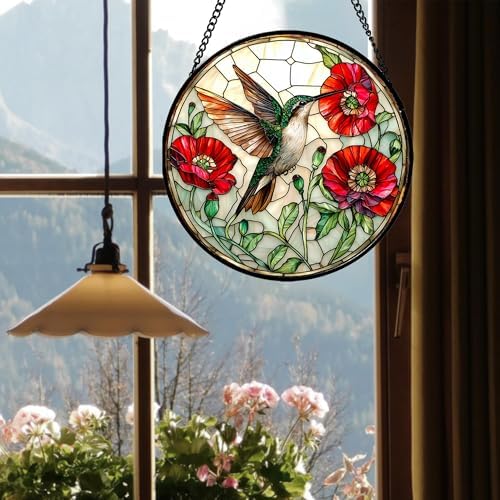 Stained Glass Window Hanging - Green Hummingbird Red Flower Suncatcher for Door Terrace Garden Home Decor Bird Landscape Sun Catcher Birthday Gifts for Lovers Women Men Dad Mom Nana 15 in - Image 4