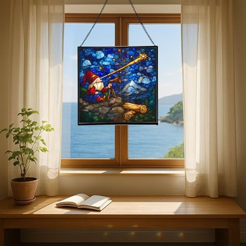 Gnome Stargazing Stained Glass Suncatcher – Square Hanging Window Panel for Home, Garden, Nursery, Halloween, Christmas, Memorial Day – Whimsical Glass Art Gift for Gnome Lovers pdylcp - Image 6