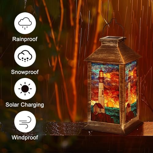 Solar Lantern Maritime Stained Glass Artwork Outdoor Garden Hanging Lantern Waterproof Solar Powered Lighting Outside Table Lamp for Deck Yard Camping Patio Decor - Image 5