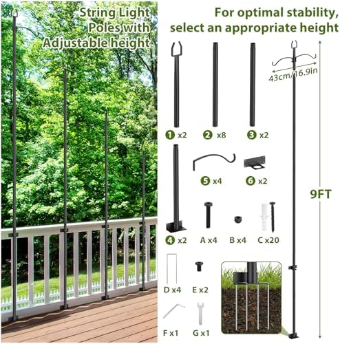 ETELI 2 Pack Light Poles for Outside, 9FT String Light Poles with Ground Stakes, Heavy Duty Outdoor Light Poles for Hanging Lanterns Patio Light Poles for Backyard Decor Wedding Party Camping, Black - Image 2