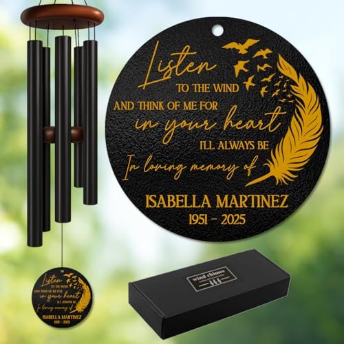 Personalized Memorial Wind Chime – “Listen to The Wind and Think of Me” Custom Name & Years – Outdoor Feather Bird Sympathy Gift for Loss of Loved One – Healing Remembrance Windchime Tribute by AlpadilCo