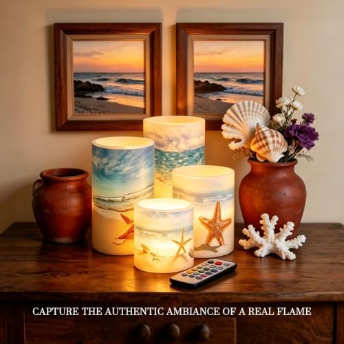 LED Flickering Candles Battery Operated Candles Set of 4 with Remote Control Timer Dancing Flame Pillar Candles Home Table Coastal Decoration, Beach Coastal - Image 4