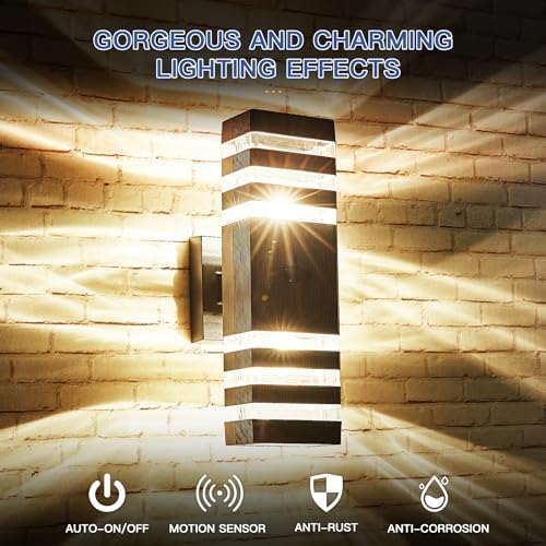 2 Pack Motion Sensor Outdoor Wall Light Fixture Up Down Porch Lights Modern Dusk to Dawn Exterior Sconce Light Wall Mount Outside Coach Lantern for House Front Door Garage (With 4 Dimmable Warm Bulbs) - Image 6