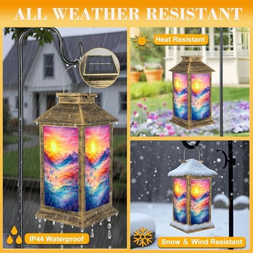 Solar Lantern Outdoor Waterproof Colorful Abstract Watercolor Wildflower Aesthetic Landscape Mountain Garden Decor LED Solar Lights Hanging/Tabletop Lamp Gifts for Women Mom for Outside Yard Patio - Image 3