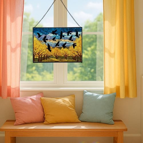 Crows Flying Over Autumn Orchard Rectangular Stained Glass Suncatcher – Hanging Window Panel with Animal & Nature Scene – Vibrant Glass Art Gift for Wildlife, Fantasy, Nature Lovers n5K17Y - Image 5