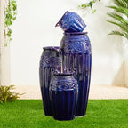 Glitzhome 35.5" H Ceramic Outdoor Water Fountain with LED Lights, Oversized 4-Tier Pots Outdoor Fountain, Cobalt Blue Glaze, Embossed Pattern, Decorative Cascading Waterfall for Garden, Patio - Image 6
