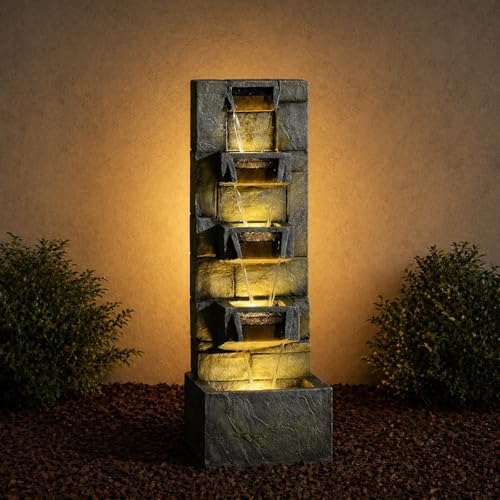 Outdoor Waterfall Fountain with LED Lights, 41” Tall Stone-Look Cascading Water Feature for Home Décor, Realistic Flowing Water Sound for Relaxation, Freestanding Indoor/Outdoor Fountain - Image 5