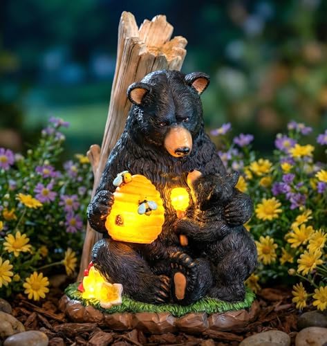 C&Y&G&X Solar Bear Garden Statue Lights, Black Bear & Cub Outdoor Resin Yard Decor for Patio Porch Lawn, Solar Garden Figurine with Light-Up Beehive, Housewarming Gifts for Garden Lovers by CYGX