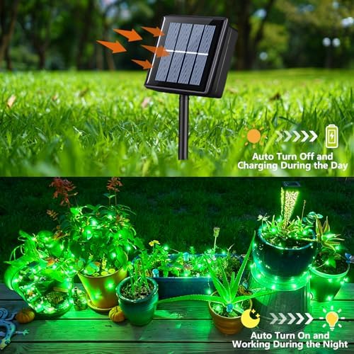 YEGUO 4 Pack Halloween Solar Fairy Lights, Each 33ft 100 LED Green Christmas Lights Outdoor Waterproof, 8 Modes Sliver Wire Solar String Lights - Image 2
