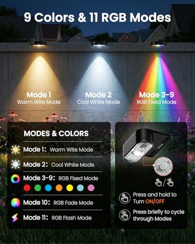JOFIOS Solar Deck Lights Outdoor 8 Pack, Solar Fence Lights Waterproof IP44, 9 Fixed Colors ＆ Color Changing LED Step Light for Outside, Patio, Stair, Garden, Yard, Railing, Front Porch, Balcony Decor - Image 2