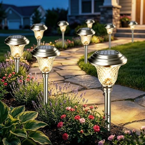 Beau Jardin 4 Pack Solar Pathway Lights White+ Color Changing Stainless Steel 3 Mode Outdoor Multicolor Metal Solar Powered Waterproof Glass for Garden Landscape Path Yard Walkway Driveway Silver by BEAU+JARDIN