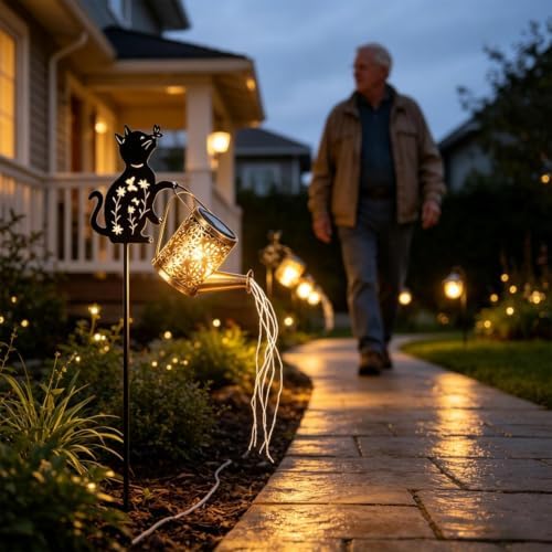 Watering Can Lights Solar Powered Iron Art Waterproof Cute Cat LED - Image 2