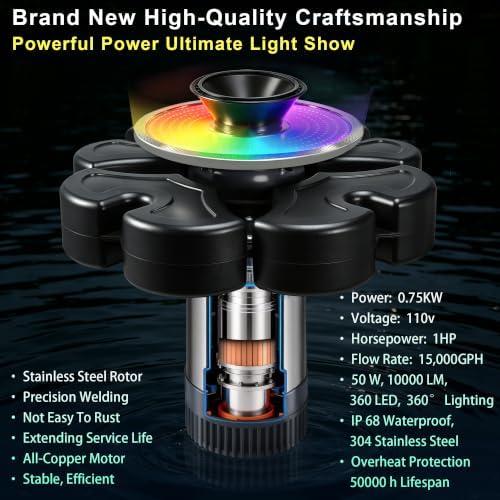 RELIY Pond Fountain Aerator, 50W RGBW Fountain Light 1HP 110V 15000 GPH Fountain Pump, Fully Automatic Powerful Lake Floating Fountain, 100 FT Power Cord, Pond Fountains For Large Ponds - Image 3