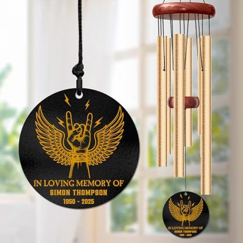 Personalized Rock Memorial Wind Chime – Custom Name & Years with Angel Wing Guitar Art – “in Loving Memory” Tribute for Music Lovers, Free Spirits, and Families Honoring The Loss of a Beloved One - Image 2