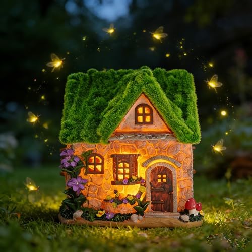 Solar-Powered LED Fairy Garden Cottage, Resin Miniature Stone House with Flocked Moss Roof, Outdoor Patio Yard Decor, Waterproof Garden Ornament with Warm Lights for Lawn, Pathway & Fairy Garden - Image 5