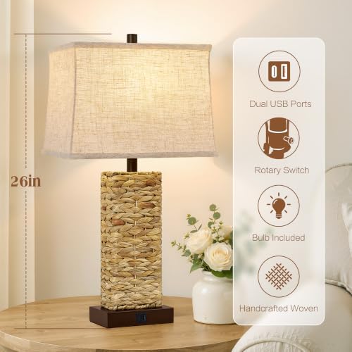 GyroVu Rattan Table Lamps Set of 2, Bedside Lamps for Bedroom Nightstand - Image 2