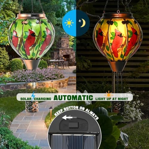 Hot Air Balloon Solar Lantern - Large Cardinal Bird Glass Lantern, Simulated Flickering & Dancing Flame, Big Outdoor Hanging Yard Light Waterproof IP65 for Patio Lawn Porch Decor Gift - Image 4