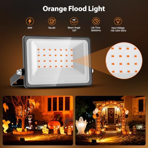 Onforu Orange Halloween Flood Lights, 30W Dusk to Dawn Floodlight 2 Pack LED Spot Lights Outdoor Decoration, Auto ON/Off Plug in Spotlights, IP65 Waterproof Uplighting Uplights for Party Garden - Image 3