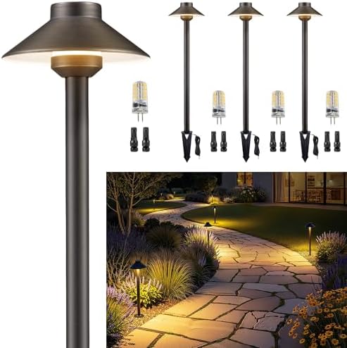Gardenreet Low Voltage Landscape Lighting Brass - 12v Pathway Lights Waterproof, Hard Wired Path Light Outdoor, Mushroom Bronze for Exterior Area Patio with 3W 4000K Neutral White G4 Bulb (4 Pack) by Gardenreet