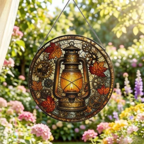 Autumn Lantern Gears Stained Glass Suncatcher 11.8" Colorful Window Hanging Ornament, Sun Catcher Decor for Bathroom Front Door Living Room Home Wall Garden - Image 2