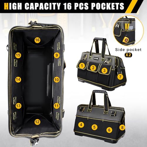20 in Tool Bag For Men with Waterproof Molded Base, High Capacity Wide Mouth Tote, Construction Worker Electricians Tool Bags, Large Tool Bag Organizer for Men Women (Grey) - Image 3