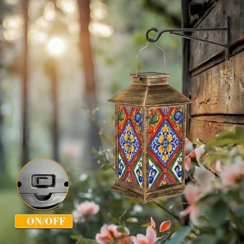 Solar Lantern Outdoor Waterproof Mexican Talavera Ceramic Tile Seamless Ethnic Folk Ornament Italian Garden Decor LED Hanging Solar Lights Tabletop Lamp Gifts for Women Mom Outside Yard Patio Porch - Image 5