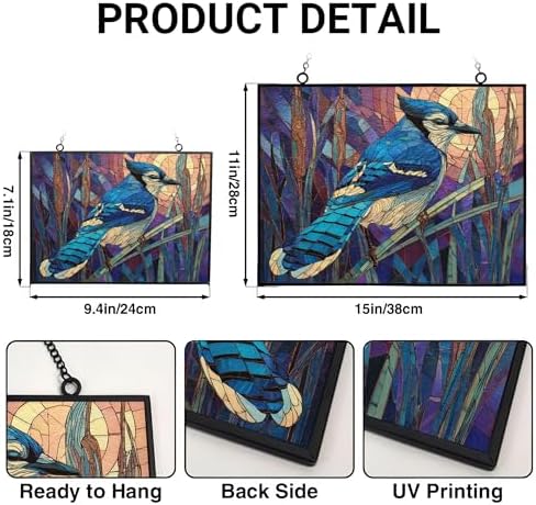 Customized Rectangle Mosaic Blue Jay On Cattail Stained Glass Window Hanging Suncatcher Stained Glass Home Decor Garden Halloween Christmas Party Wedding Housewarming Gifts - Image 3