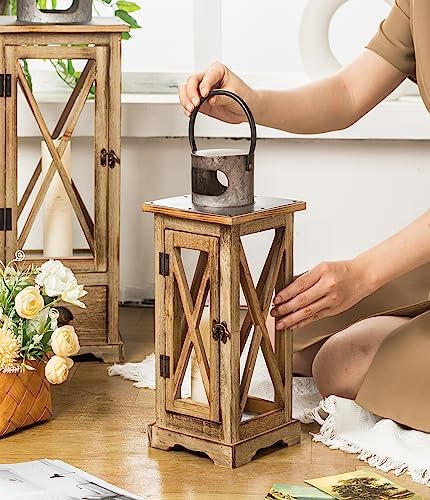 TIMRIS Large Farmhouse Wooden Candle Lantern Set of 2, Rustic Floor Candle Lanterns with Drawer, Vintage Hurricane Lantern Holder for Indoor Outdoor Decor (No Glass) - Image 3