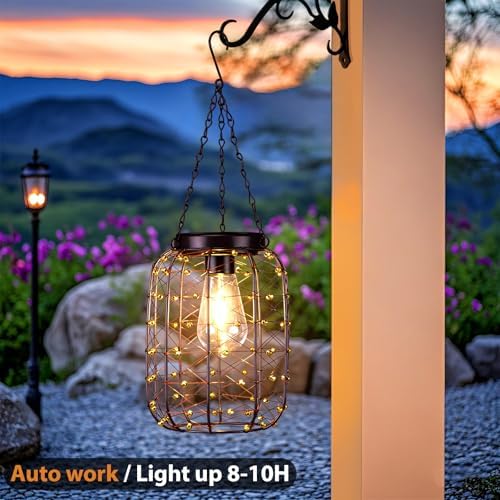 Hanging Solar Lanterns Outdoor Waterproof, Vintage Copper Hanging Lantern Lights for Outside, Solar Chandelier Outdoor Idea for Yard Garden Pathway Gazebo Pergola Porch Decor (4) - Image 3