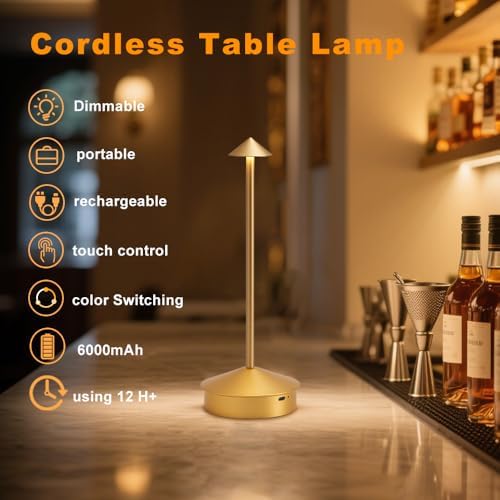 2 Pack Aluminum Cordless Table Lamp, 6000mAh Rechargeable Table Lamps, Portable Touch LED Lamp, Outdoor Waterproof Dimmable Cordless Rechargeable Table Lamps for Restaurant/Patio-(Gold) - Image 4