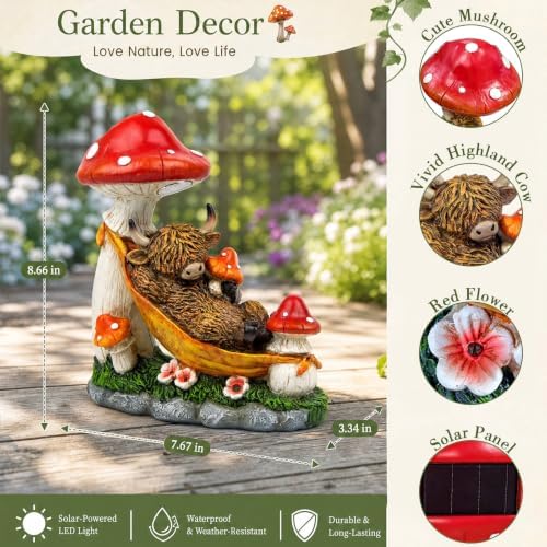 Highland Cow Solar Powered Outdoor Garden Statue Lying on Mushroom Hammock - Image 6