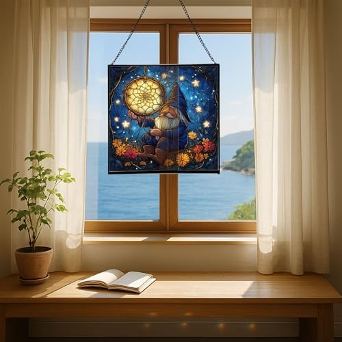 Gnome with Dreamcatcher Stained Glass Suncatcher – Square Hanging Window Panel for Home or Greenhouse – Whimsical Glass Art Gift for Garden Lovers, Christmas, Halloween, Father Days lkrjZa - Image 6