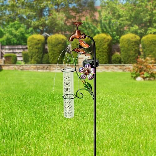 37in Solar Butterfly Rain Gauge Copper Faucet Metal Garden Stake Decor - Image 7