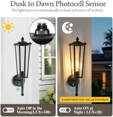 Outdoor Wall Light Fixtures, 20" Large Dusk to Dawn Front Porch Lights Waterproof with Clear Glass, Black Exterior Wall Mount Sconce Outside Lighting for Garage Porch House, OS-OD2615-1WM - Image 3
