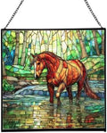 Chestnut Tennessee Walking Horse Stepping Through Shallow Creek Square Suncatcher – Stained Glass Style Window Panel with Scene, Custom Decorative Hanging Art for Equestrian Home, Christmas sxk4hZ by Custom