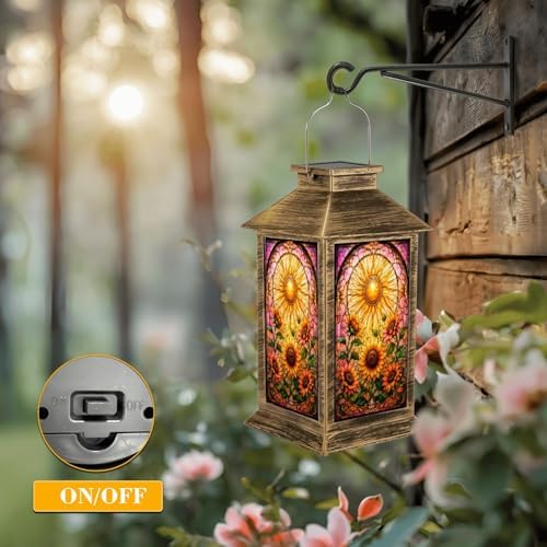 Solar Lantern Outdoor Waterproof Stained Glass effect Sunflower Artwork Radiant Sunburst Vibrant Colors Garden Decor LED Hanging Solar Lights Tabletop Lamp Gifts for Women Mom Outside Yard Patio Porch - Image 5