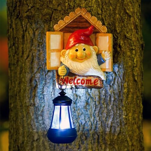 Goodeco Gnome Tree Hugger with Solar Lantern - 10.6" Tree Face Garden Decor by Goodeco