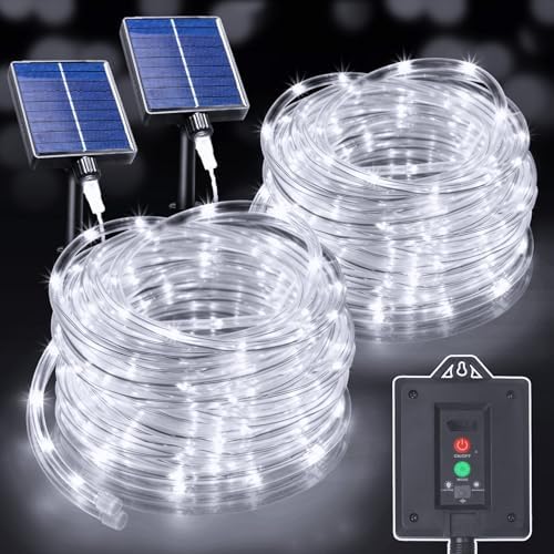 KNONEW Solar Rope Lights Outdoor 2 Packs Total 600LED 100FT Solar String Light Outside Waterproof with 8 Modes Clear Thin Tube for Pool Patio Garden Fence Camping Yard Deck Trampoline（Cool White） by KNONEW