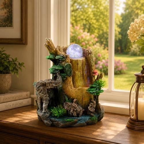 Indoor Tabletop Water Fountain with LED Light & Rolling Crystal Ball, Elephant Desktop Waterfall Fountain, Polyresin Zen Fountain for Office Desk, Living Room, Bedroom, Meditation & Home Decor - Image 6