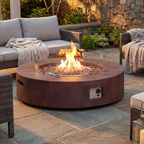 COSIEST Outdoor Propane Fire Pit Coffee Table w Bronze 42 inch Round Base Patio Heater, Certified, 50,000 BTU Stainless Steel Burner, Wind Guard, Tank Outside, Free Lava Rocks, Waterproof Cover by COSIEST