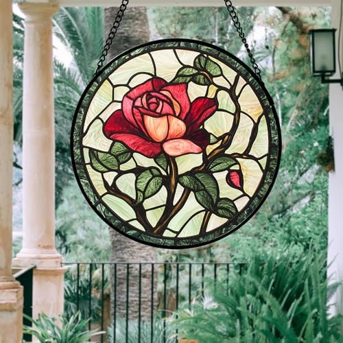 Stained Glass Window Hanging Red Rose Suncatcher Gifts for Women 9.8" - Image 2