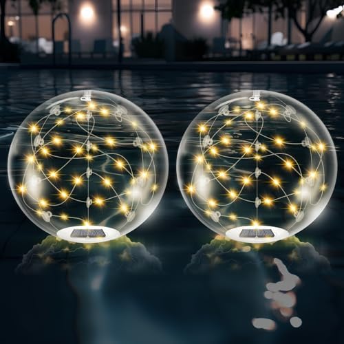 afzdby Floating Pool Lights Solar Powered,14 Inch 3000K Warm White Inflatable Glow in The Dark Balls,IP68 Waterproof Led Light up for Inground Pool,Christmas Decorations Outdoor Ornaments by afzdby