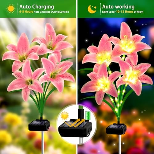 Solar Lights Outdoor, Gift for Women Mom Grandma Wife Daughter, 4 Pack 16 Solar Pink Lily Flower Lights, Solar Flower Lights Waterproof, Outside Decor Stake Light for Landscape Yard Patio Lawn Garden - Image 2