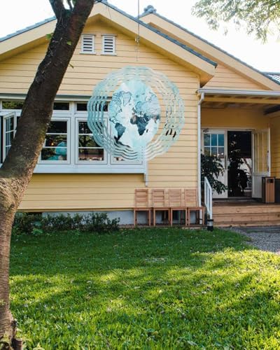 World Map Wind Spinner 12 Inch Blue Map Abstract Wind Spinners Outdoor 3D Stainless Steel Hanging Sculpture Decorations Gift for Garden Yard Porch Balcony - Image 2