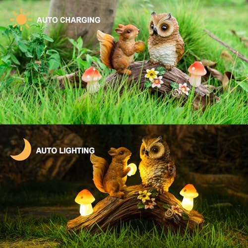 Solar Owl Garden Statues Outdoor Decor Resin Owl Squirrel Figurine with Mushroom Lights for Patio Lawn Yard Decorations Christmas Birthday Housewarming Gardening Gifts for Women Mom - Image 5