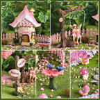 DONABELA Fairy Garden Decor Kit Pink Resin Miniature House Figurines Set Swing Directional Sign Bird Drinking Pool Fence Little Mushroom Outdoor Tiny Accessories Supplies - Image 6