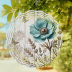 10 Inch Teal Vintage Floral Wind Spinner for Yard and Garden, Retro Flowers Wooden Butterfly Hanging Ornaments Outdoor 3D Kinetic Wind Sculpture Spinners Indoor Outdoor Patio Décor Ornaments Gift - Image 2
