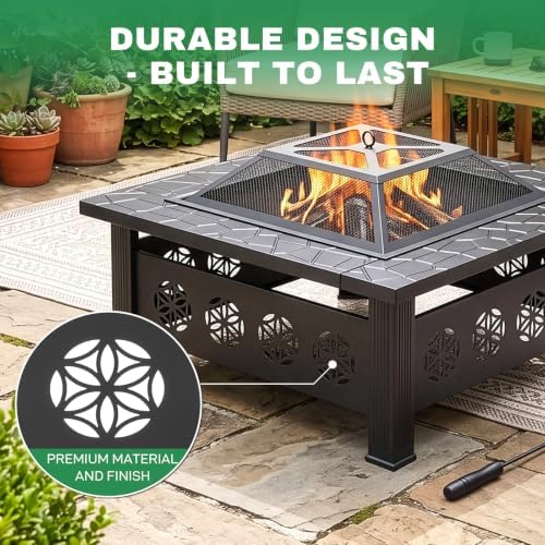 Outvita Outdoor Fire Pit, 32 Inch Square Firepit Table, Floral Cutout - Image 7
